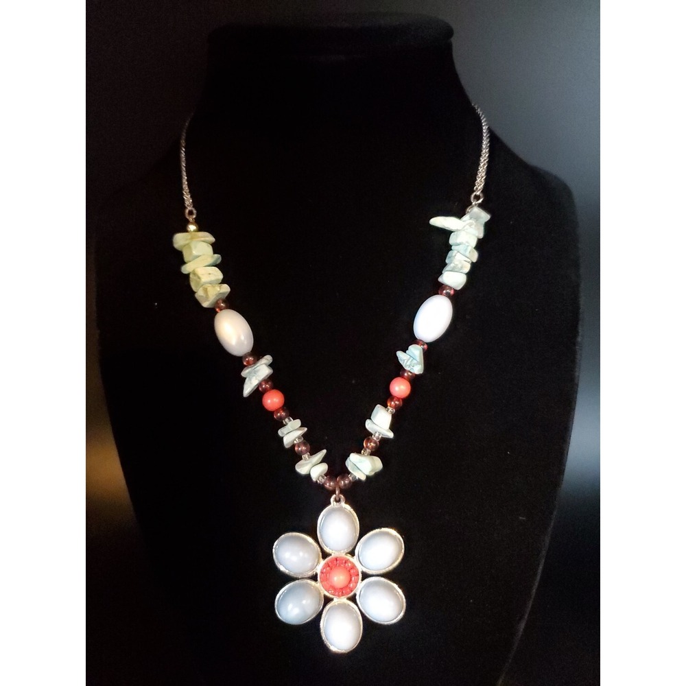 Vintage Avon Necklace Turquoise & Red Coral Color Flower Shaped Pendant Necklace